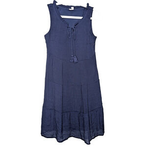 Anthropologie Navy Gauze Coastal Tie Neck Tiered Ruffle Trim Sleeveless Dress SM